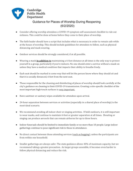 Guidance for Places of Worship During Reopening (6/2/2020)