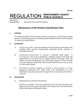 Regulation GHA-RA, Maintenance of the Position Classification Plan