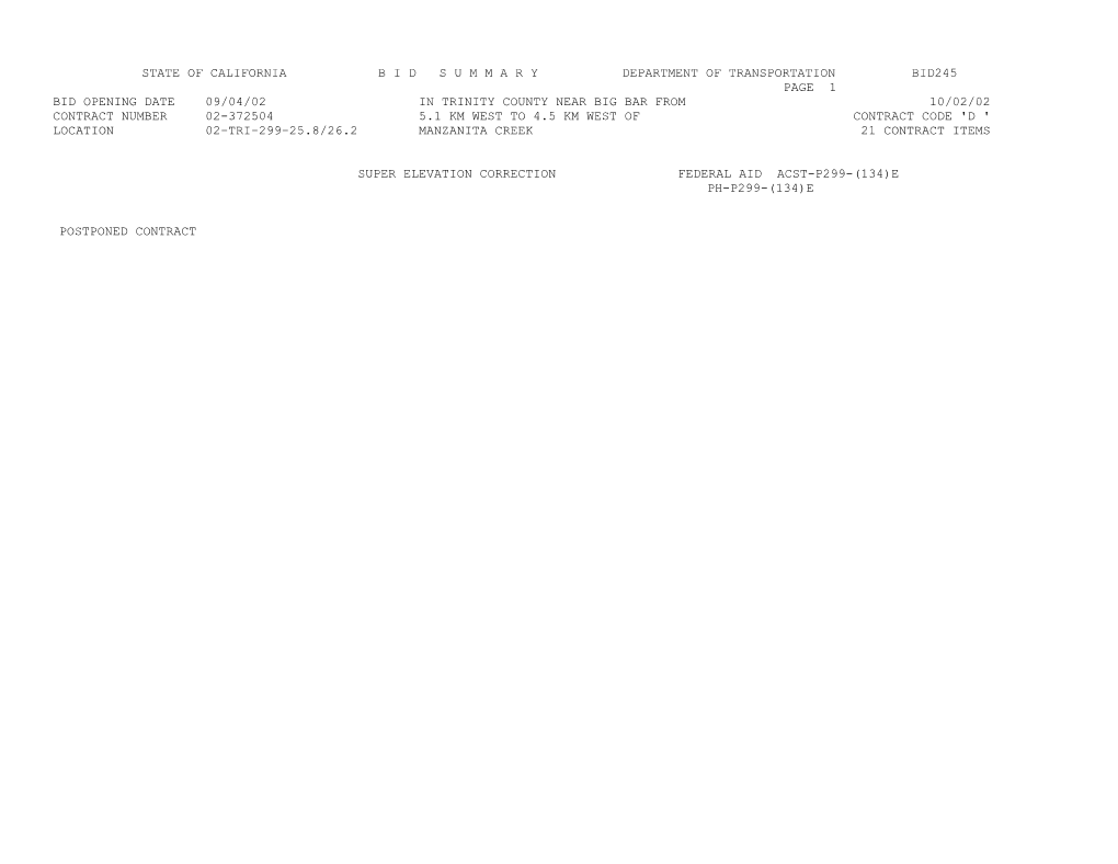 State of California B I D S U M M a R Y Department of Transportation Bid245 s1