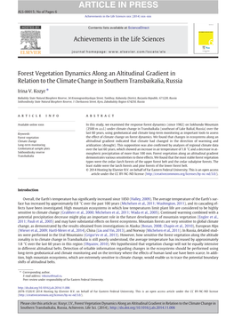 Forest Vegetation Dynamics Along an Altitudinal Gradient in Relation to the Climate Change in Southern Transbaikalia, Russia
