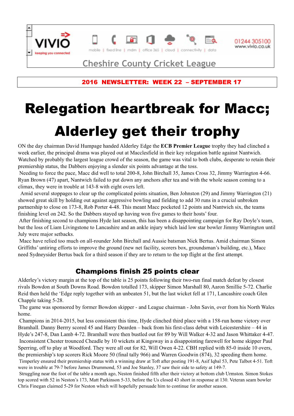 Relegation Heartbreak for Macc; Alderley Get Their Trophy