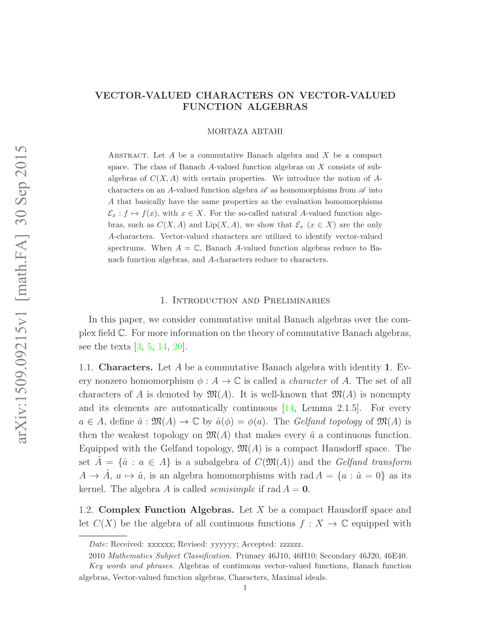 Vector-Valued Characters on Vector-Valued Function Algebras