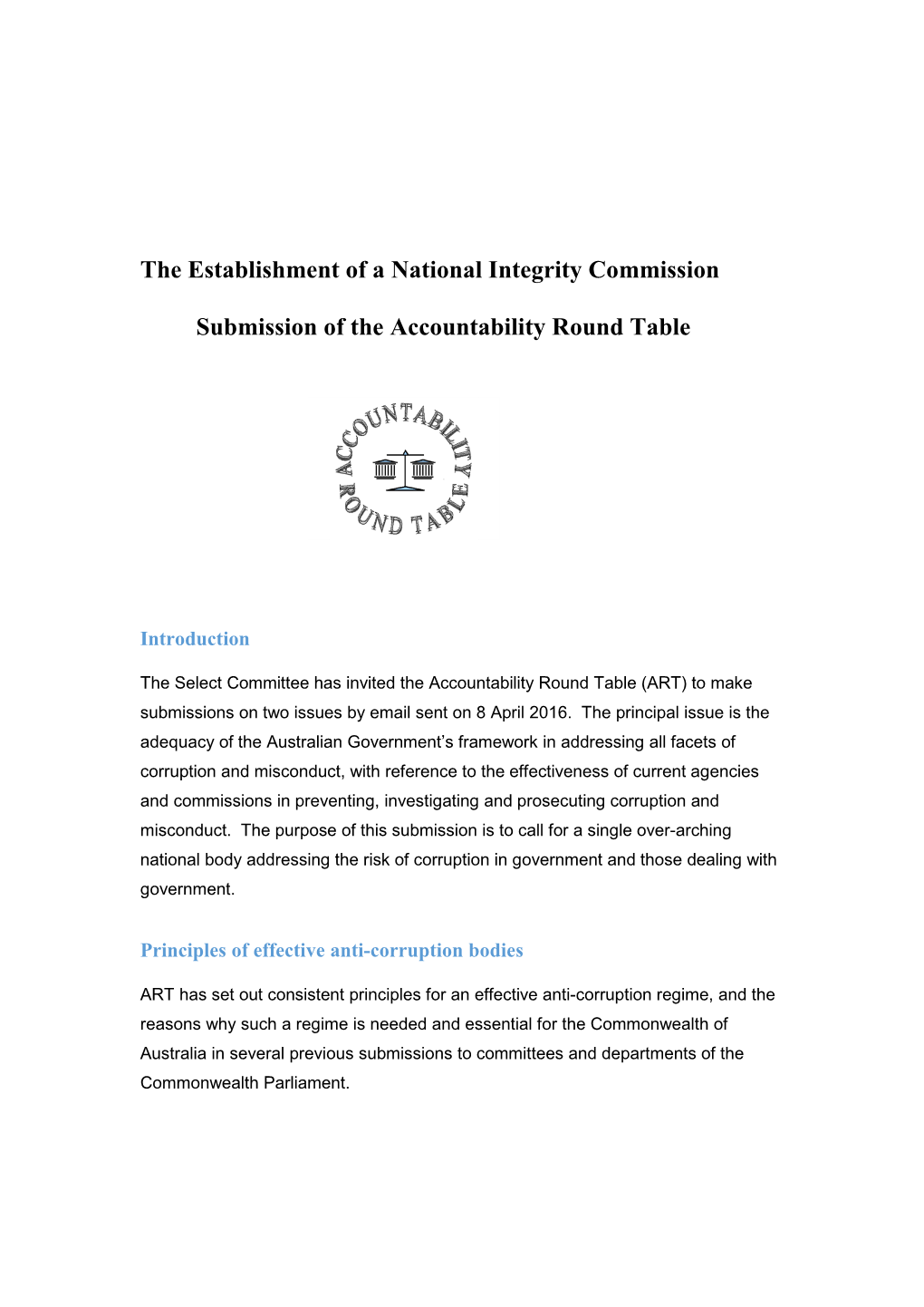 The Establishment of a National Integrity Commission Submission Of