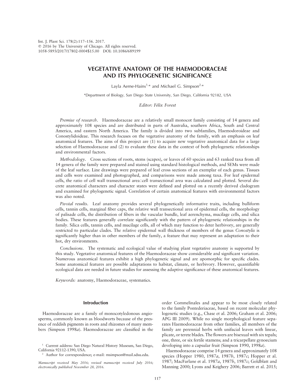 Vegetative Anatomy of the Haemodoraceae and Its Phylogenetic Significance