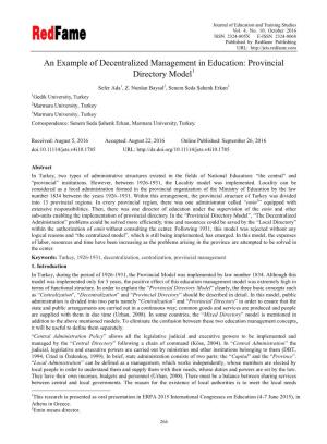 An Example of Decentralized Management in Education: Provincial Directory Model1