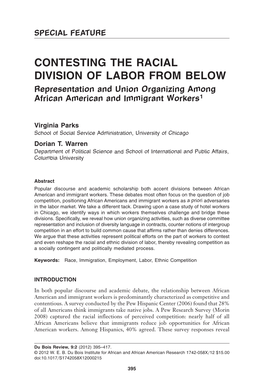 CONTESTING the RACIAL DIVISION of LABOR from BELOW Representation and Union Organizing Among African American and Immigrant Workers1