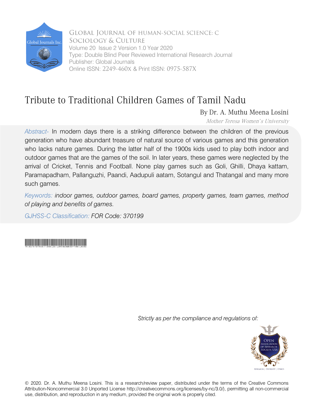 Tribute to Traditional Children Games of Tamil Nadu by Dr