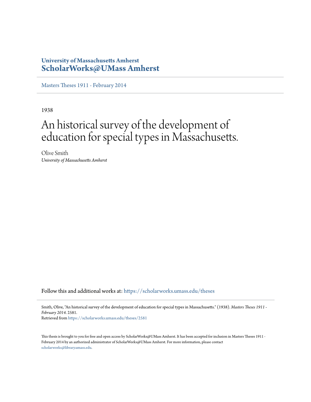 An Historical Survey of the Development of Education for Special Types in Massachusetts