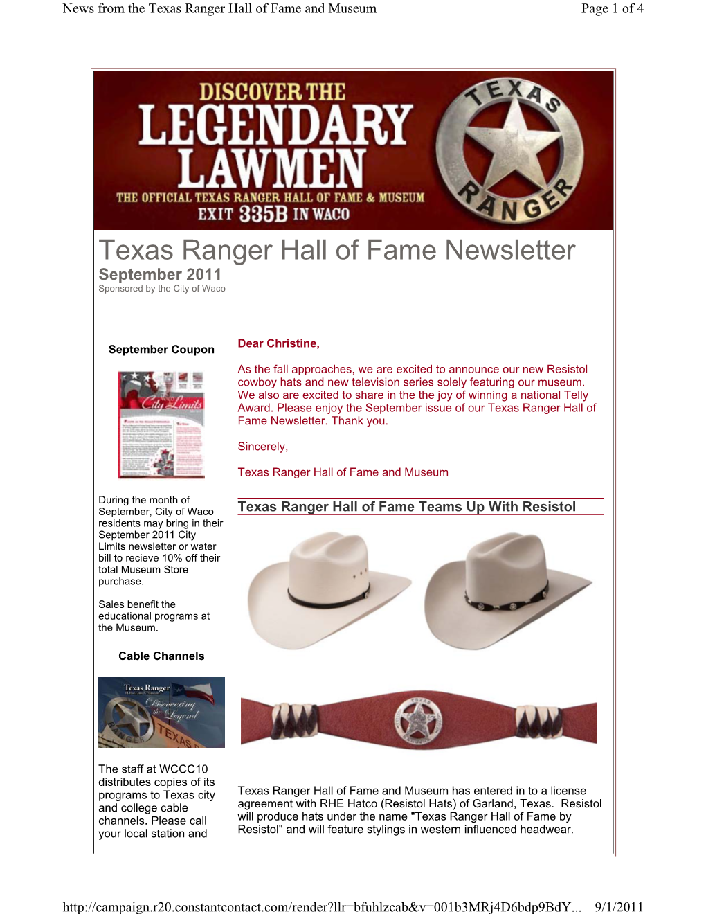 Texas Ranger Hall of Fame Newsletter September 2011 Sponsored by the City of Waco