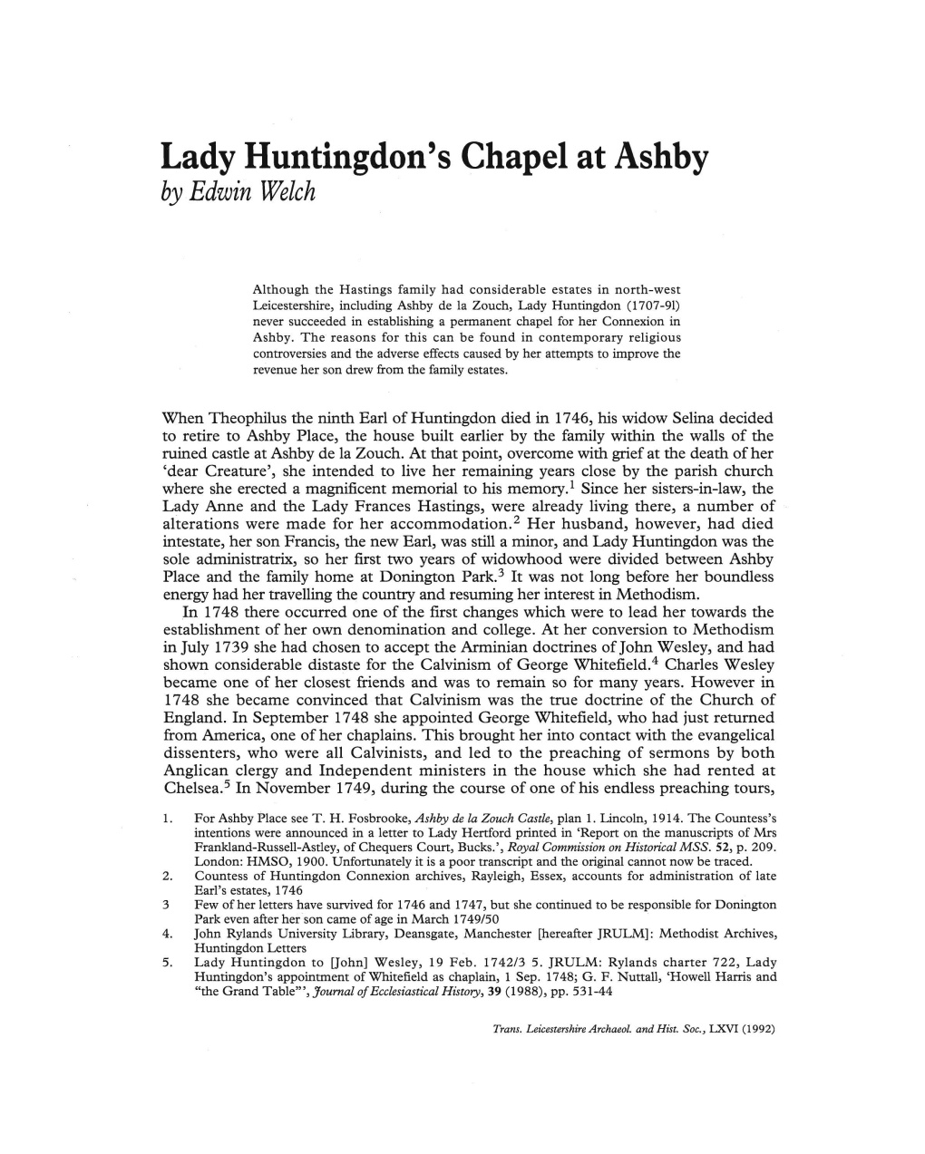 Lady Huntingdon's Chapel at Ashby Pp.136-142