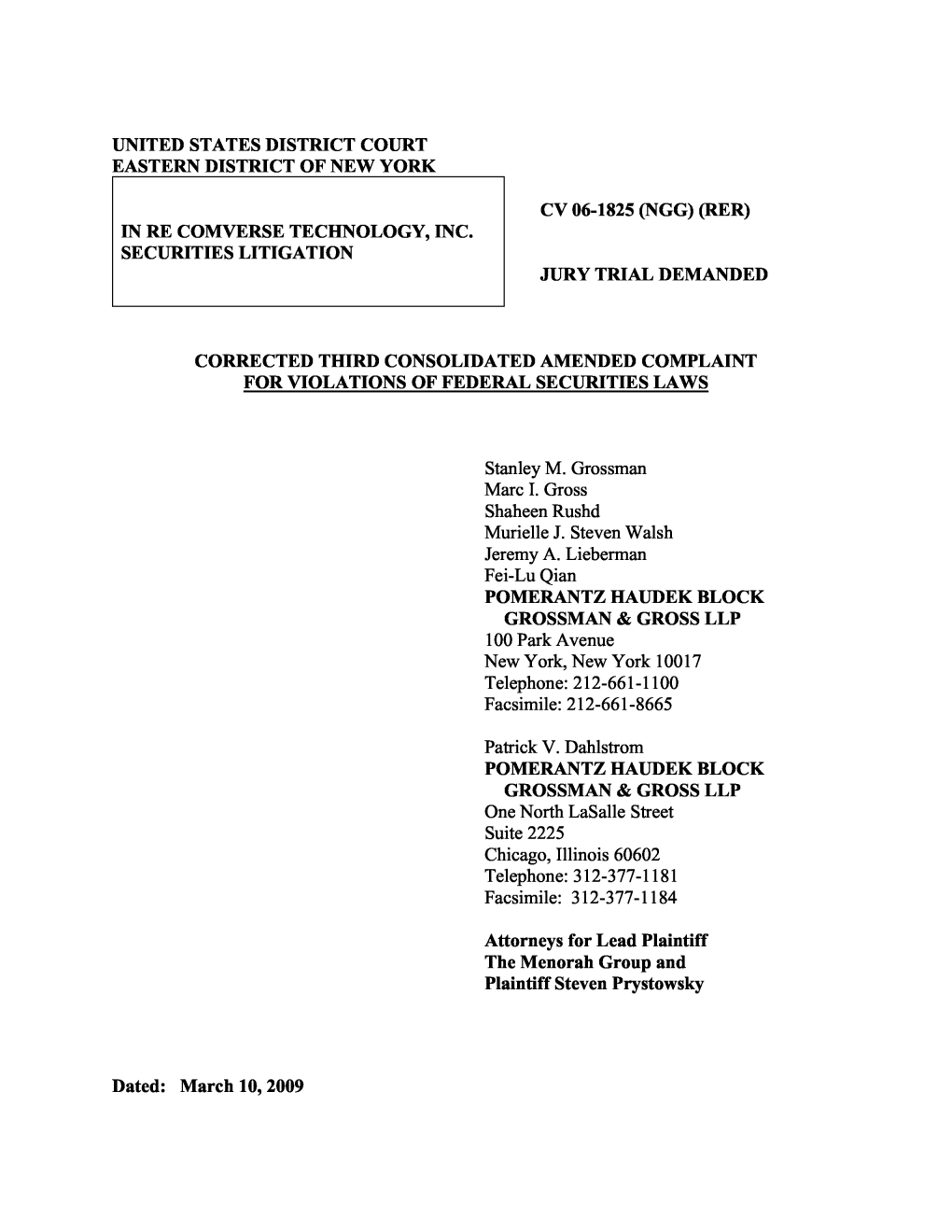 In Re Comverse Technology, Inc. Securities Litigation 06-CV-01825