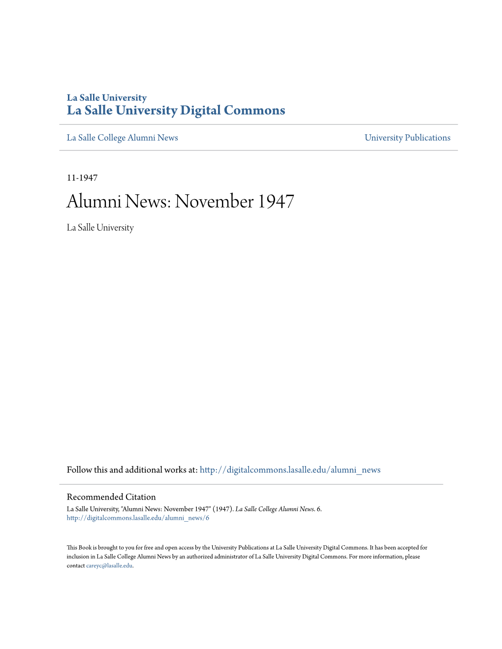 Alumni News: November 1947 La Salle University