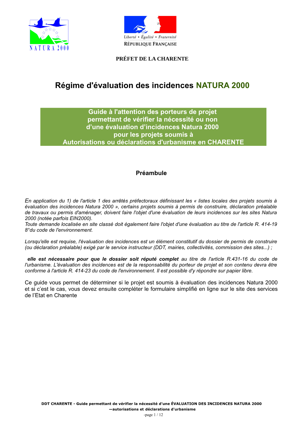 Régime D'évaluation Des Incidences NATURA 2000