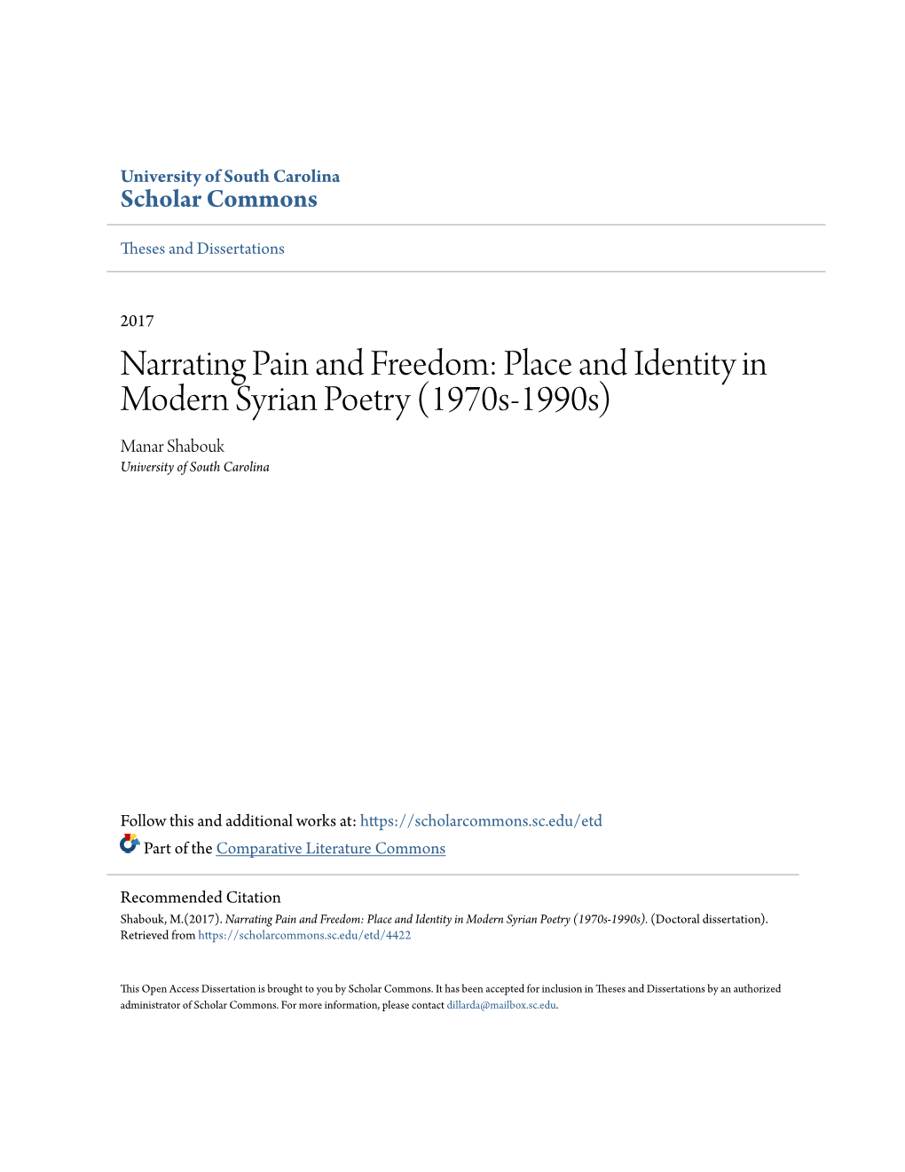 Place and Identity in Modern Syrian Poetry (1970S-1990S) Manar Shabouk University of South Carolina