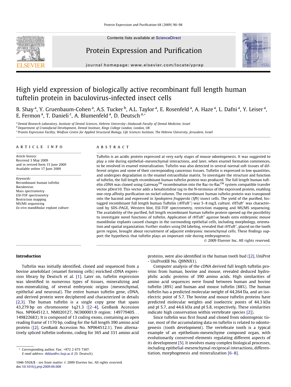 High Yield Expression of Biologically Active Recombinant Full Length Human Tuftelin Protein in Baculovirus-Infected Insect Cells