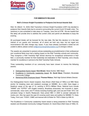 FOR IMMEDIATE RELEASE Wall's Crimson Knight Foundation To