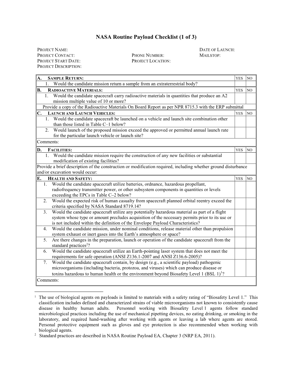 NASA Routine Payload Checklist (1 of 3)