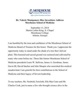 Dr. Valerie Montgomery Rice Investiture Address Morehouse School of Medicine