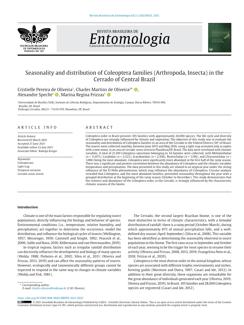 Seasonality and Distribution of Coleoptera Families (Arthropoda, Insecta) in the Cerrado of Central Brazil