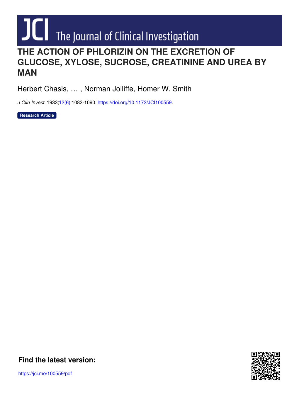 The Action of Phlorizin on the Excretion of Glucose, Xylose, Sucrose, Creatinine and Urea by Man