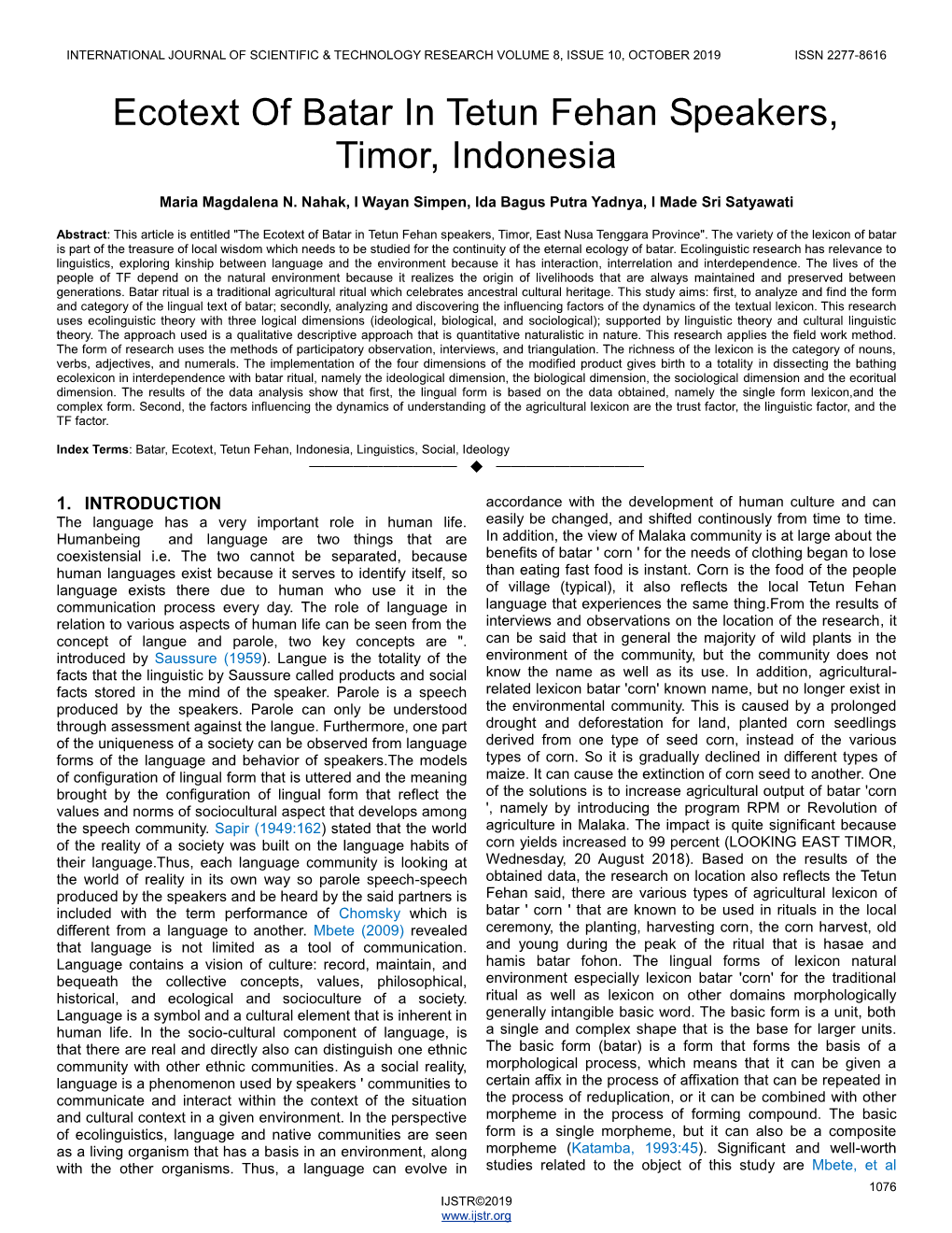 Ecotext of Batar in Tetun Fehan Speakers, Timor, Indonesia