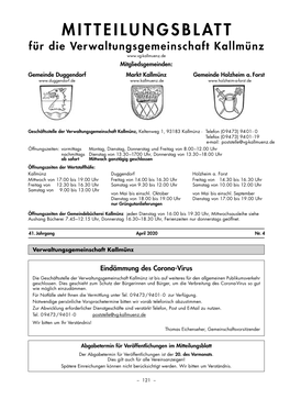 MITTEILUNGSBLATT Für Die Verwaltungsgemeinschaft Kallmünz Mitgliedsgemeinden: Gemeinde Duggendorf Markt Kallmünz Gemeinde Holzheim A