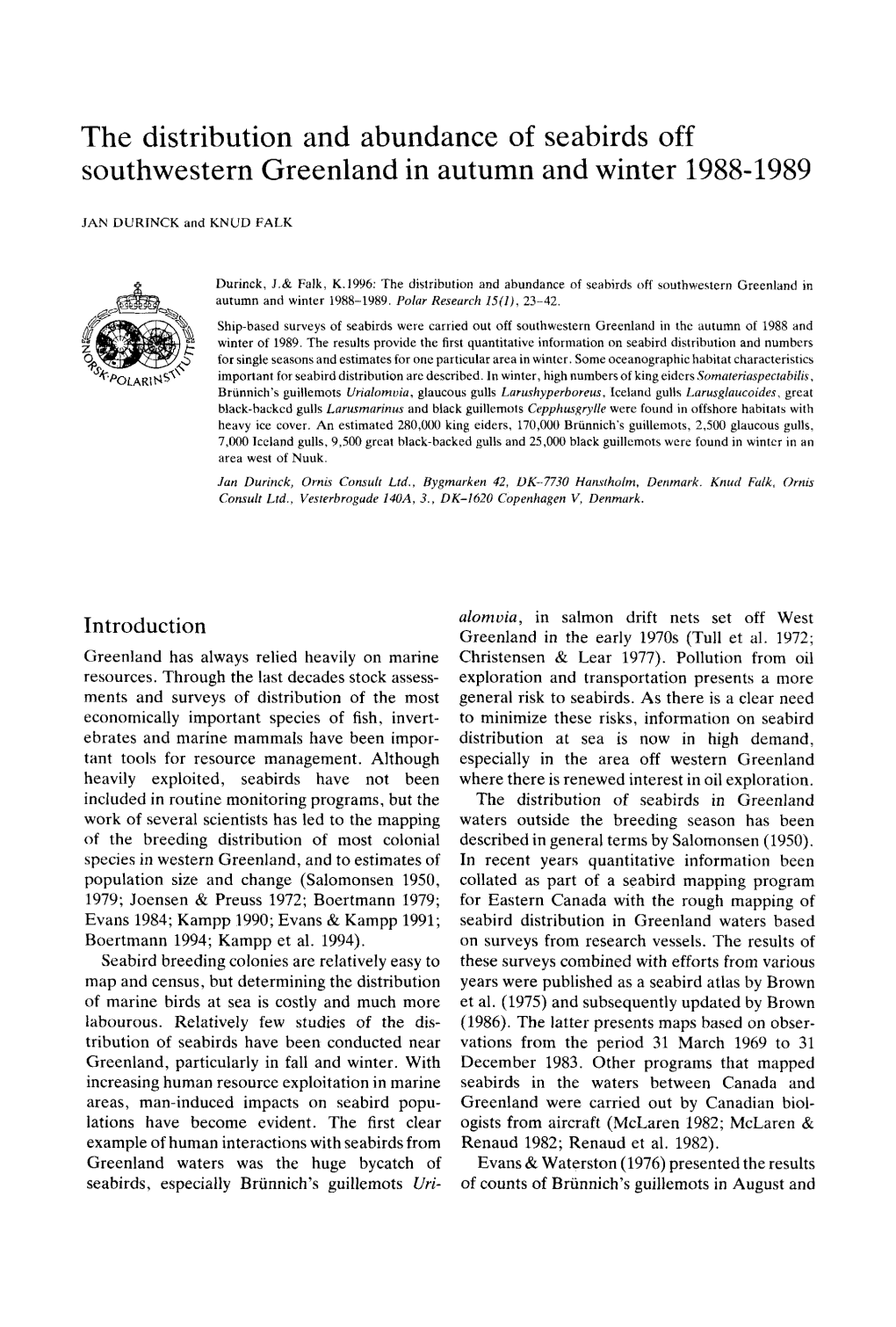 The Distribution and Abundance of Seabirds Off Southwestern Greenland in Autumn and Winter 1988-1989