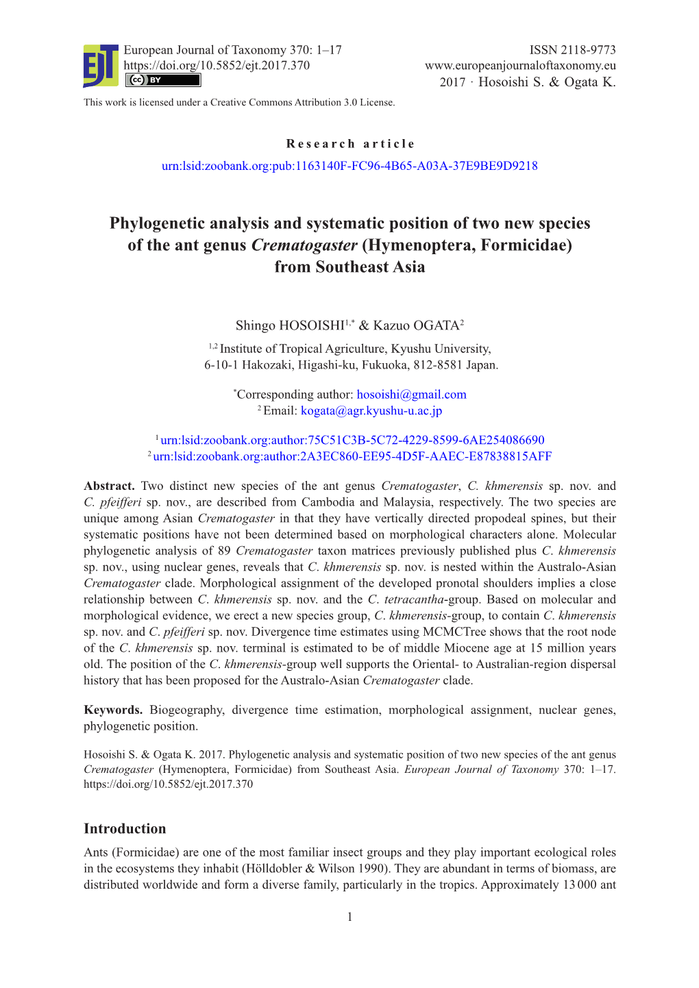 Phylogenetic Analysis and Systematic Position of Two New Species of the Ant Genus Crematogaster (Hymenoptera, Formicidae) from Southeast Asia