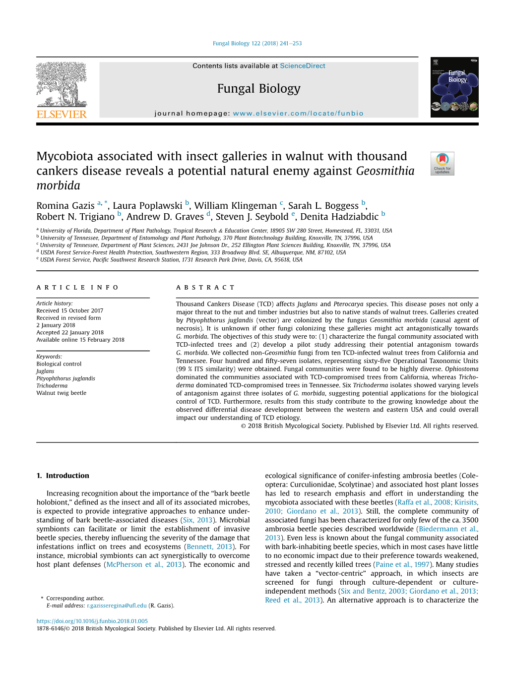 Mycobiota Associated with Insect Galleries in Walnut with Thousand Cankers Disease Reveals a Potential Natural Enemy Against Geosmithia Morbida