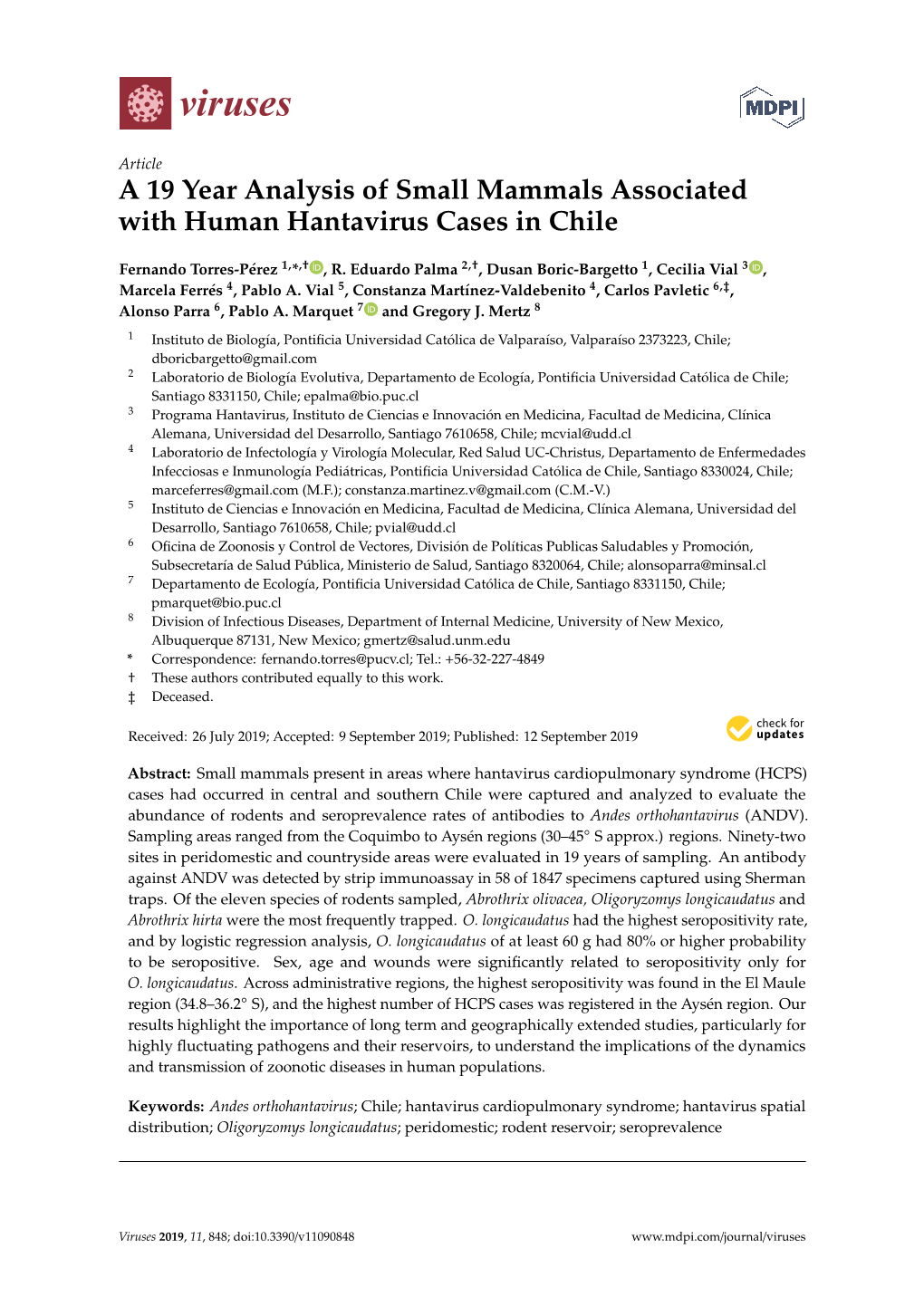 A 19 Year Analysis of Small Mammals Associated with Human Hantavirus Cases in Chile