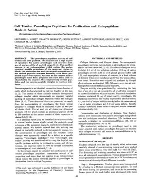 Calf Tendon Procollagen Peptidase: Its Purification and Endopeptidase Mode of Action (Dermatosparaxis/Antiprocollagen Peptidase/Antiprocollagen) LEONARD D