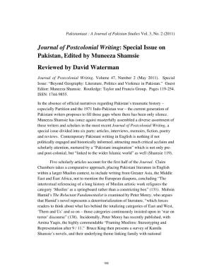 Journal of Postcolonial Writing: Special Issue on Pakistan, Edited by Muneeza Shamsie Reviewed by David Waterman