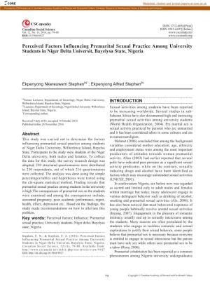 Perceived Factors Influencing Premarital Sexual Practice Among University Students in Niger Delta Universit, Bayelysa State, Nigeria