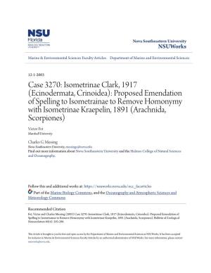 Isometrinae Clark, 1917 (Ecinodermata, Crinoidea): Proposed Emendation of Spelling to Isometrainae to Remove Homonymy