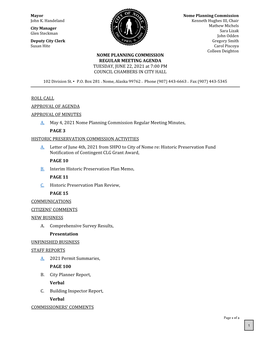 NOME PLANNING COMMISSION REGULAR MEETING AGENDA TUESDAY, JUNE 22, 2021 at 7:00 PM COUNCIL CHAMBERS in CITY HALL