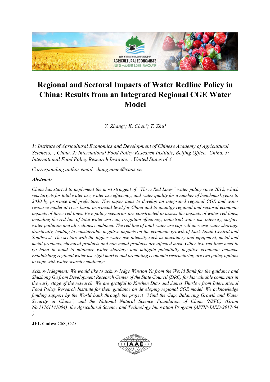 Regional and Sectoral Impacts of Water Redline Policy in China: Results from an Integrated Regional CGE Water Model