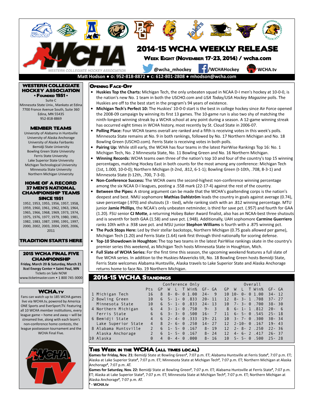 2014-15 WCHA WEEKLY RELEASE Week Eight (November 17-23, 2014) / Wcha.Com