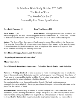 St. Matthew Bible Study October 27 , 2020 the Book of Ezra “The Word