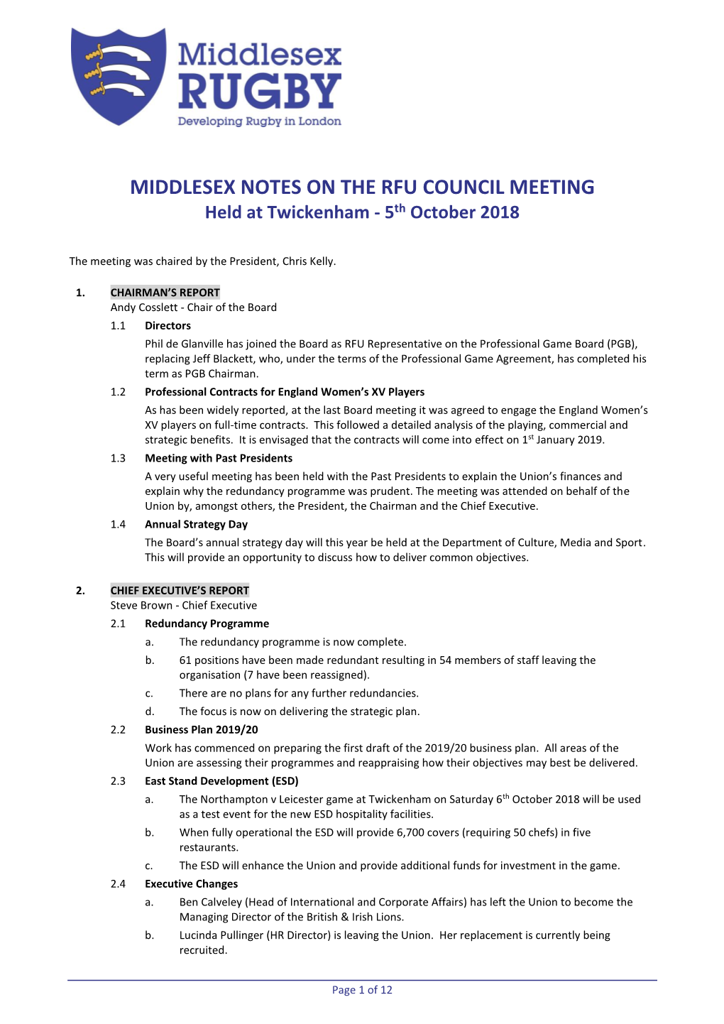 NOTES on the RFU COUNCIL MEETING Held at Twickenham - 5Th October 2018