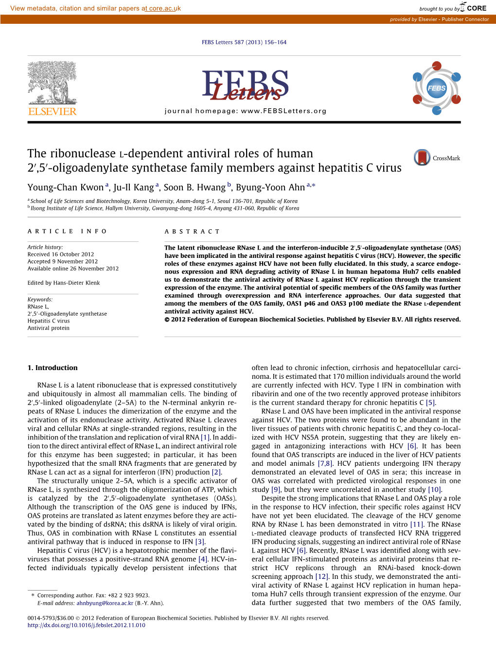 The Ribonuclease L-Dependent Antiviral Roles of Human 2Â€²,5Â€²