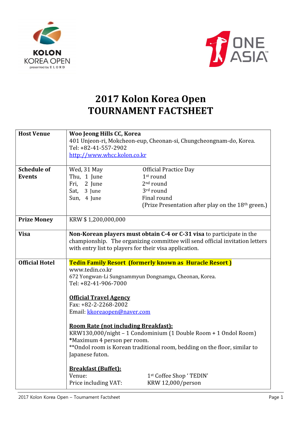 2017 Kolon Korea Open TOURNAMENT FACTSHEET