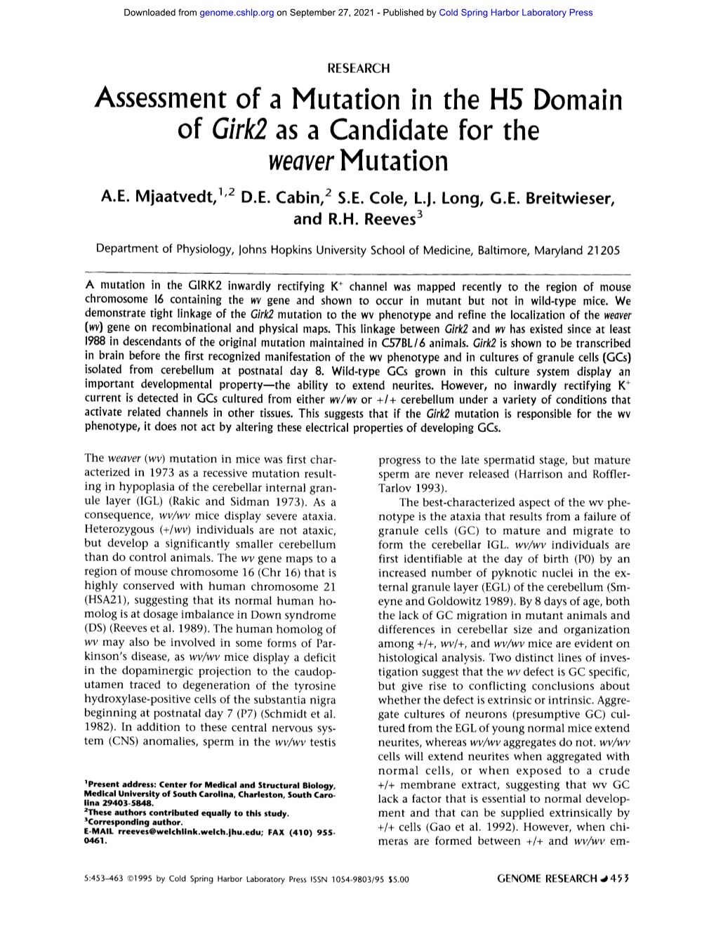 Assessment of a Mutation in the HS Domain of Girk2 As a Candidate for the Weaver M U Ta Ti O N A.E