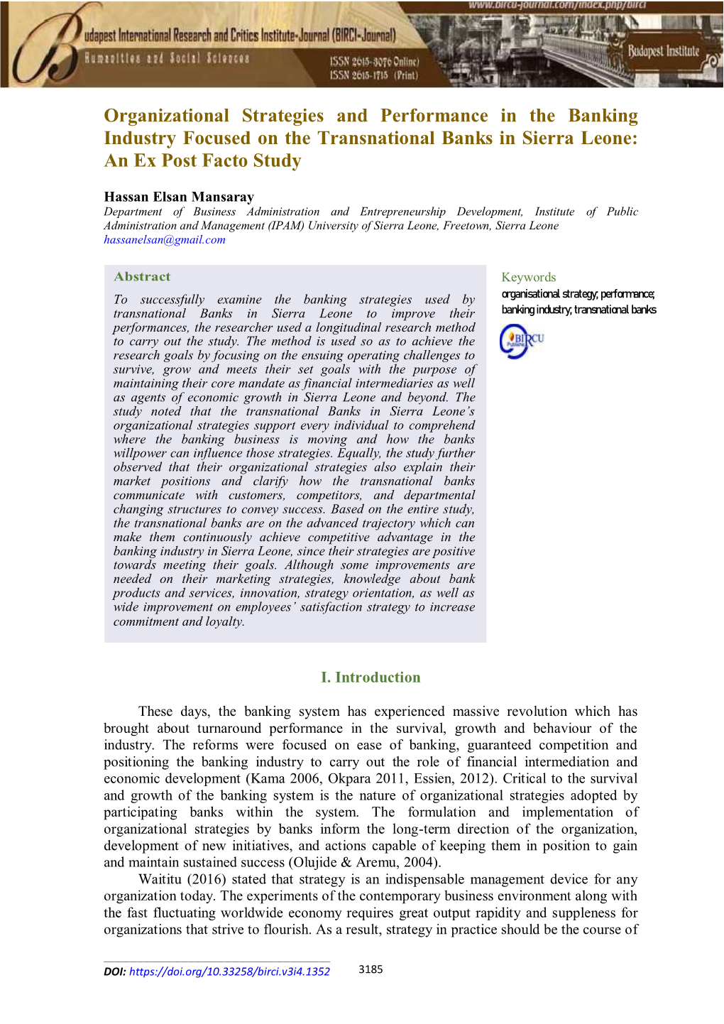 Organizational Strategies and Performance in the Banking Industry Focused on the Transnational Banks in Sierra Leone: an Ex Post Facto Study