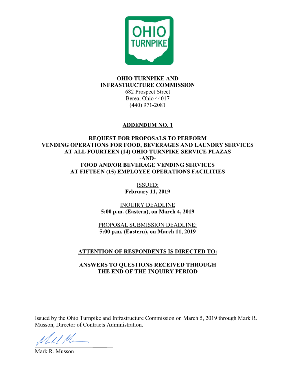 OHIO TURNPIKE and INFRASTRUCTURE COMMISSION 682 Prospect Street Berea, Ohio 44017 (440) 971-2081