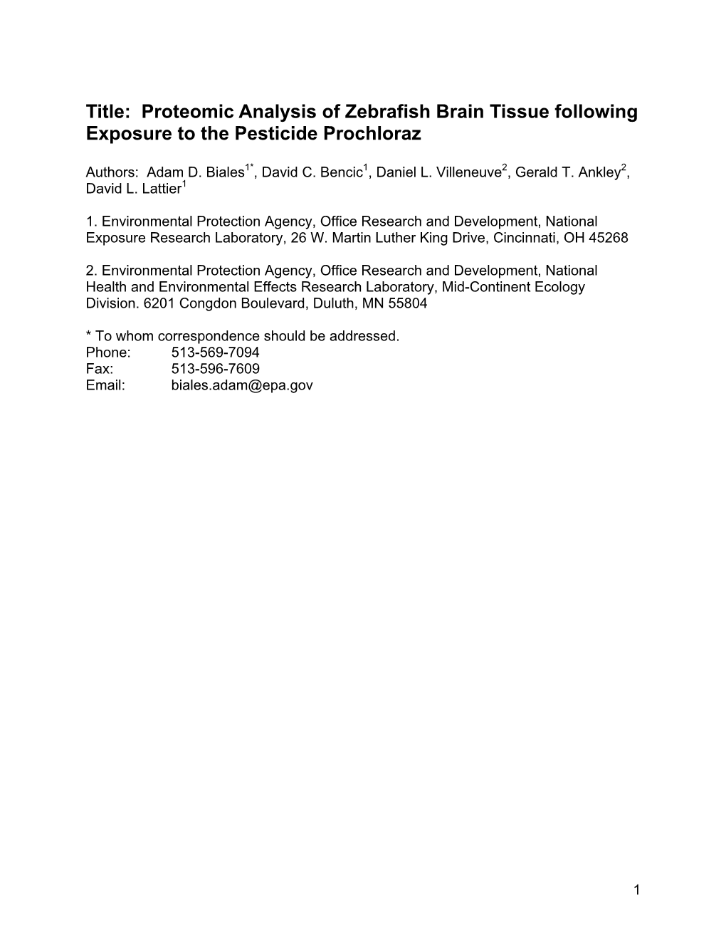 Title: Proteomic Analysis of Zebrafish Brain Tissue Following Exposure to the Pesticide Prochloraz