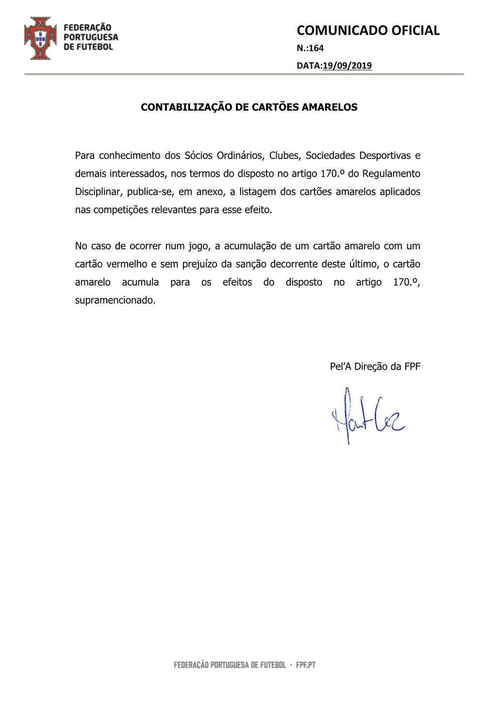 Comunicado Oficial N.:164 Data:19/09/2019