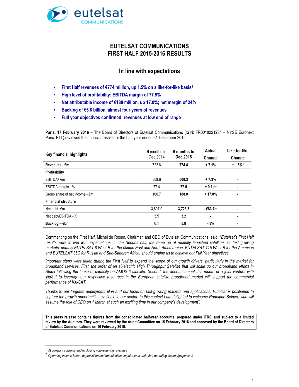 Eutelsat Communications H1 2015-16 PR VA FINAL