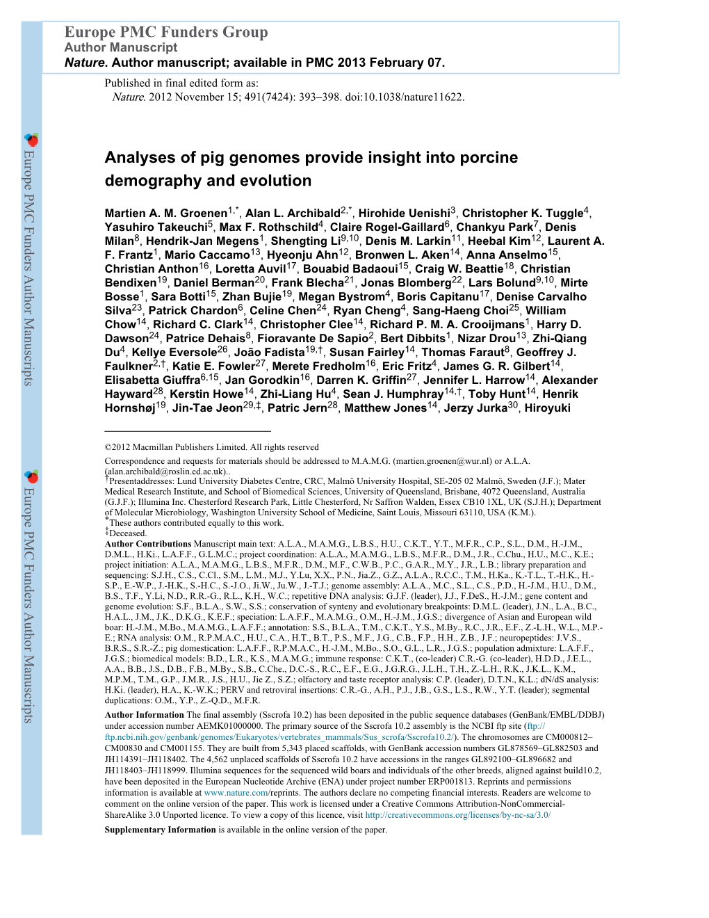 Analyses of Pig Genomes Provide Insight Into Porcine Demography and Evolution