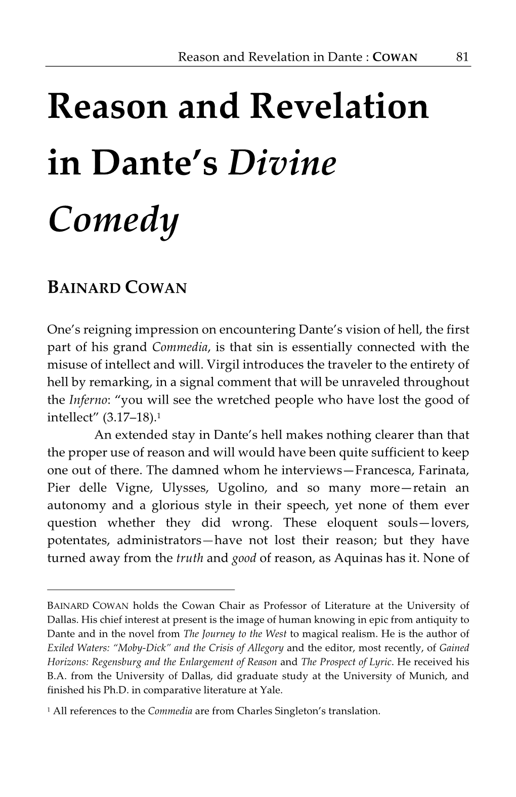 Reason and Revelation in Dante's Divine Comedy