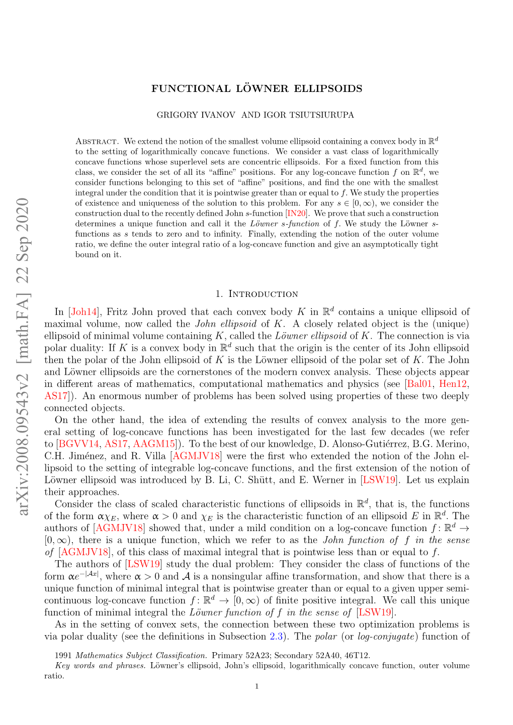 Arxiv:2008.09543V2 [Math.FA] 22 Sep 2020 of [0 [ of Authors Ratio